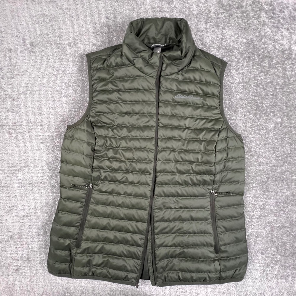 Eddie Bauer EB650 Down Vest Womens Medium Olive Green Quilted Puffer Read!!